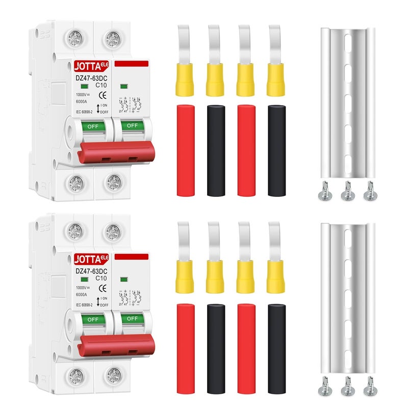 JOTTAELE Solar Panels Disconnect Switch,Miniature DC Circuit Breaker 2 Pole 1000V 10 Amp Isolator for Solar PV System, Thermal Magnetic Trip, DIN Rail Mount (DC 2P 10A 2PCS) - Image 1